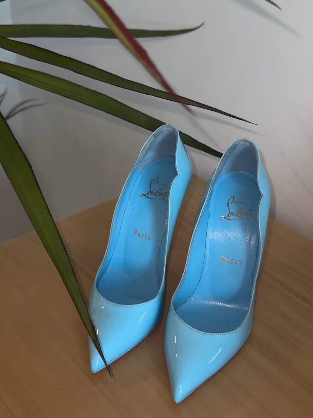 Christian Louboutin Women’s Light Blue Patent Leather Pointed Toe Pumps